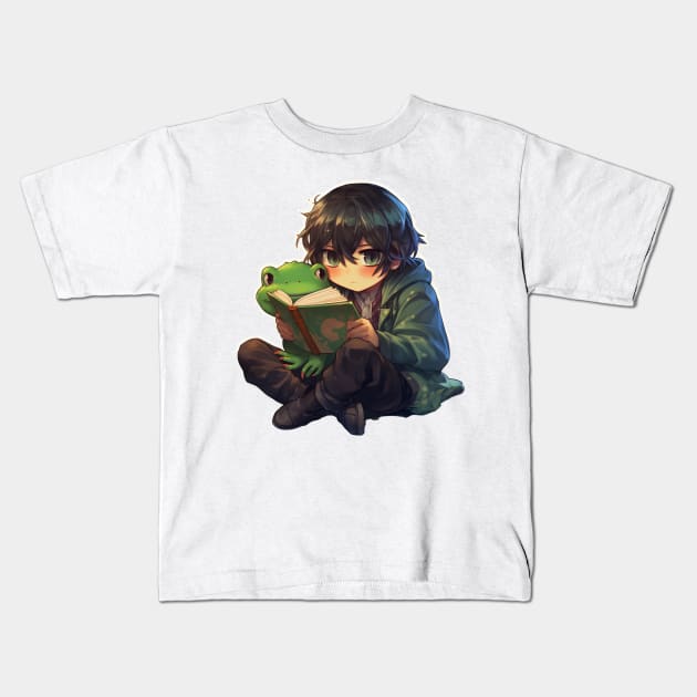 School Anime Boy With Cute Frog Sticker Kids T-Shirt by ribbitpng